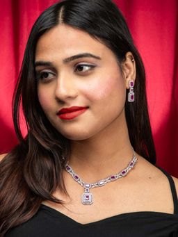 Niscka - Silver Rhodium Plated Pink And White American Diamond Necklace With Earrings