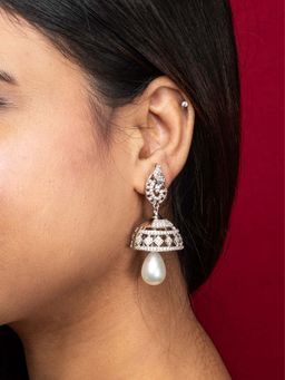 Niscka - Silver Rhodium Ad Stone Jhumka Earrings With White Water Drop Faux Pearl