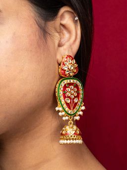 Niscka - 24K Gold Plated Meenakari Floral Jhumka Earrings With Kundan And Pearls