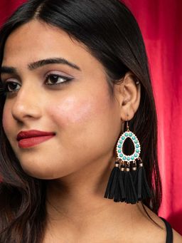 Niscka - Bohemian Hanging Cyan Blue Beaded Earrings With Black Ribbons