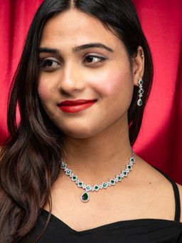 Niscka - Rhodium Plated Emerald Green And White American Diamond Necklace With Earrings