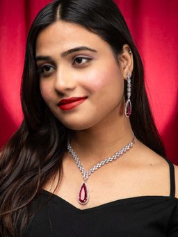 Niscka - Rhodium Plated Red And White American Diamond Necklace With Earrings
