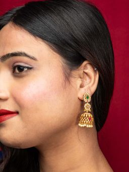 Niscka - 24K Gold Plated Ruby And Emerald Green Jhumka Earrings With Cz Stones And Pearls