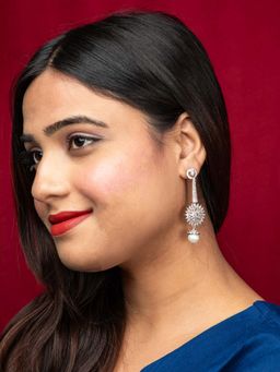 Niscka - Rhodium American Diamond Long Designer Earrings With Faux Pearl