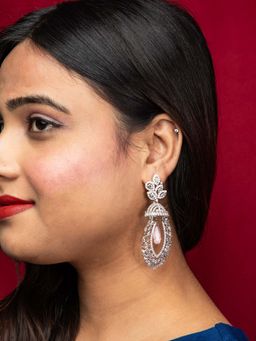 Niscka - Designer Rhodium Plated White American Diamond Earrings With Pink Stone