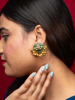 Niscka - Gold Plated Jhungroo Earrings With Green Ruby And Emerald Accents