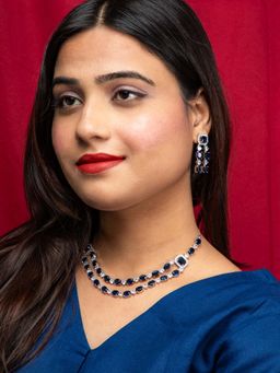 Niscka - Rhodium Plated Royal Blue And White American Diamond Necklace With Earrings