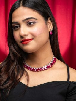 Niscka - Silver Rhodium Rani Pink And White Ad Necklace Set With Earrings