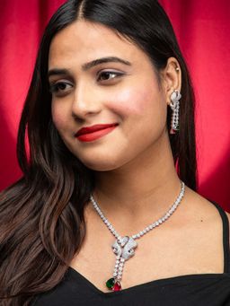 Niscka - Silver Rhodium Plated Pink Green And White Ad Necklace With Earrings