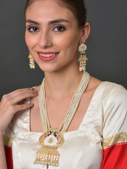 Sohi - Gold Plated White Pink Beads Studded Meenakari Jewellery (Set of 2)