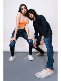 FREAKINS - Dark Blue Unisex Stone Washed Slim Jeans