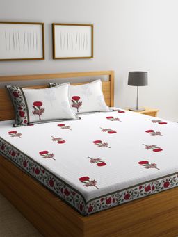 Rajasthan Decor - Floral Print White Color Cotton Double Bedsheet with 2 Pillow Covers
