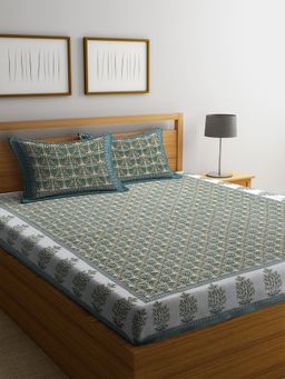 Rajasthan Decor - Floral Print Green Color Cotton Double Bedsheet with 2 Pillow Covers