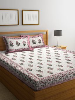 Rajasthan Decor - Floral Print Cotton Double Bedsheet with 2 Pillow Covers