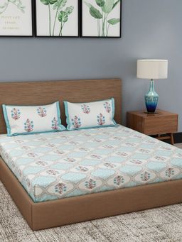 Rajasthan Decor - Blue Floral Print Cotton King Bed Sheet with 2 Pillow Cover