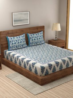 Rajasthan Decor - Green Floral Print Double Bed sheet with 2 Pillow Covers