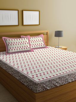 Rajasthan Decor - White and Pink Floral Print Cotton King Bed sheet with 2 Pillow Covers