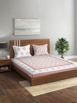 Rajasthan Decor - White and Pink Cotton Floral Print King Bed sheet with 2 Pillow Covers