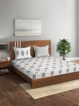 Rajasthan Decor - Cream Color Cotton Floral Print King Bed sheet with 2 Pillow Covers