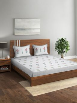 Rajasthan Decor - Grey Cotton Floral Print King Bed sheet with 2 Pillow Covers