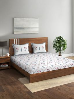 Rajasthan Decor - White Color Cotton Floral Print Queen Bed sheet with 2 Pillow Covers