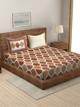 Rajasthan Decor - Beige Geometric Print Cotton King Size Bed sheet with 2 Pillow Covers Multi Color