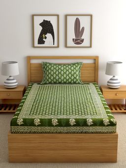 Rajasthan Decor - Floral Print Green Color Cotton Single Bedshet with 1 Pillow Cover