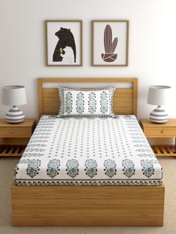 Rajasthan Decor - Floral Print White Color Cotton Single Bedshet with 1 Pillow Cover
