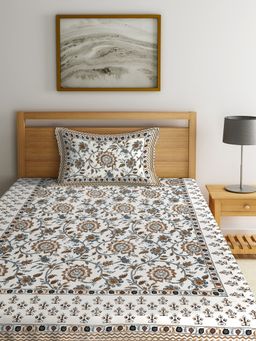 Rajasthan Decor - Floral Print White Color Cotton Single Bedshet with 1 Pillow Cover
