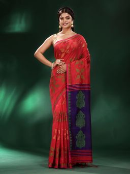 CHARUKRITI - Red Blended Cotton Soft Saree with Unstitched Blouse
