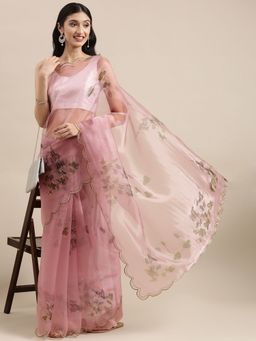Vastranand - Pink Organza Party Wear Saree With Foil Print Flower Butta with Unstitched Blouse