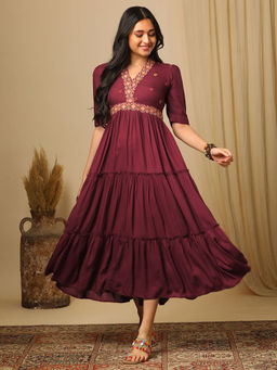 Globus - Women Wine Embroidered Boho Tiered Fusion Midi Dress