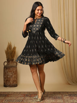 Globus - Women Black Printed Yoke Tiered Mini Dress
