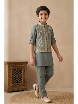 Lagorii - Boys Olive Embroidered Kurta with Pyjama and Nehru Jacket