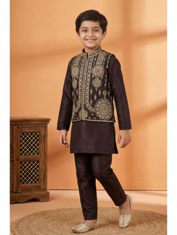 Lagorii - Boys Brown Embroidered Kurta with Pyjama and Nehru Jacket