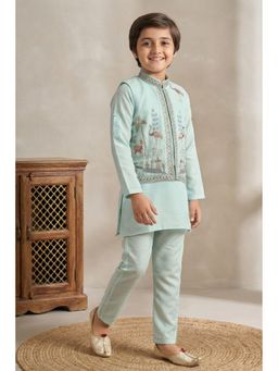 Lagorii - Ferozi Blue Embroidered Kurta with Pyjama and Nehru Jacket