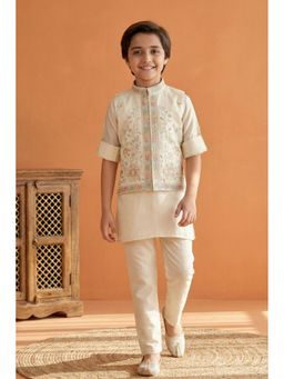 Lagorii - Cream Embroidered Kurta with Pyjama and Nehru Jacket