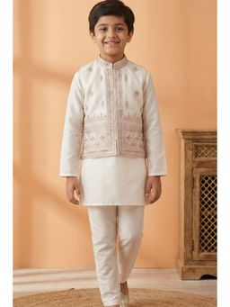 Lagorii - Boys Cream-Pink Embroidered Kurta with Pyjama and Nehru Jacket