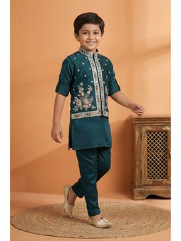 Lagorii - Boys Teal Floral Embroidered Kurta with Pyjama and Nehru Jacket
