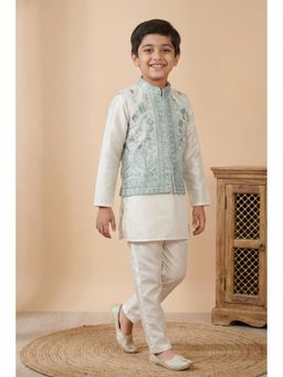 Lagorii - Boys Off White-Blue Embroidered Kurta with Pyjama and Nehru Jacket