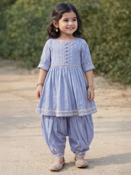 Mi Arcus - Girls Blue Striped Cotton Kurta and Pleated Salwar