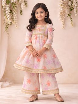 Mi Arcus - Girls Cream Printed Anarkali Kurta with Palazzo