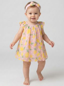 Creative Kids - Girls Pink and Yellow Printed Jumper Dress with Headband