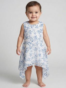 Creative Kids - Girls White and Blue Floral Printed High Low Dress