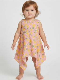 Creative Kids - Girls Pink and Yellow Printed High Low Dress