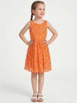 Creative Kids - Girls Orange Floral Printed A-Line Dress