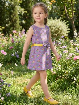 Creative Kids - Girls Purple Printed A-Line Dress with Belt