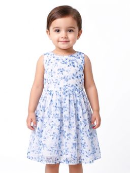 Creative Kids - Girls Blue and White Floral Printed A-Line Dress