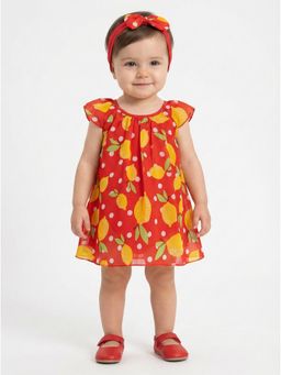Creative Kids - Girls Red Printed Jumper Dress with Headband