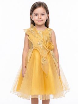 Creative Kids - Girls Mustard Embellished Sequined Satin Net Party Wear Dress